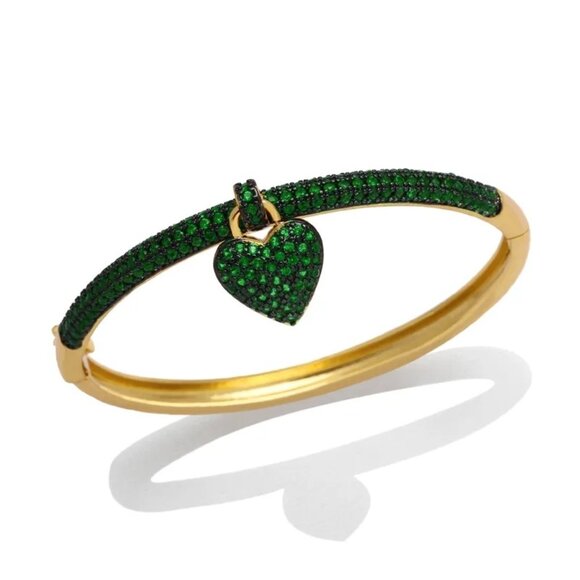 Womens Green Zircon Heart Bracelet Gold Plated Charm Hinged Bangle 7 Inch - Picture 6 of 7